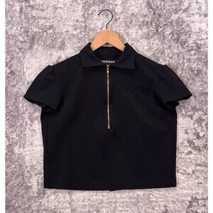 Rochas Top Medium Womens Black Boxy Zip Collar Puff Sleeve Relaxed Fit Crop